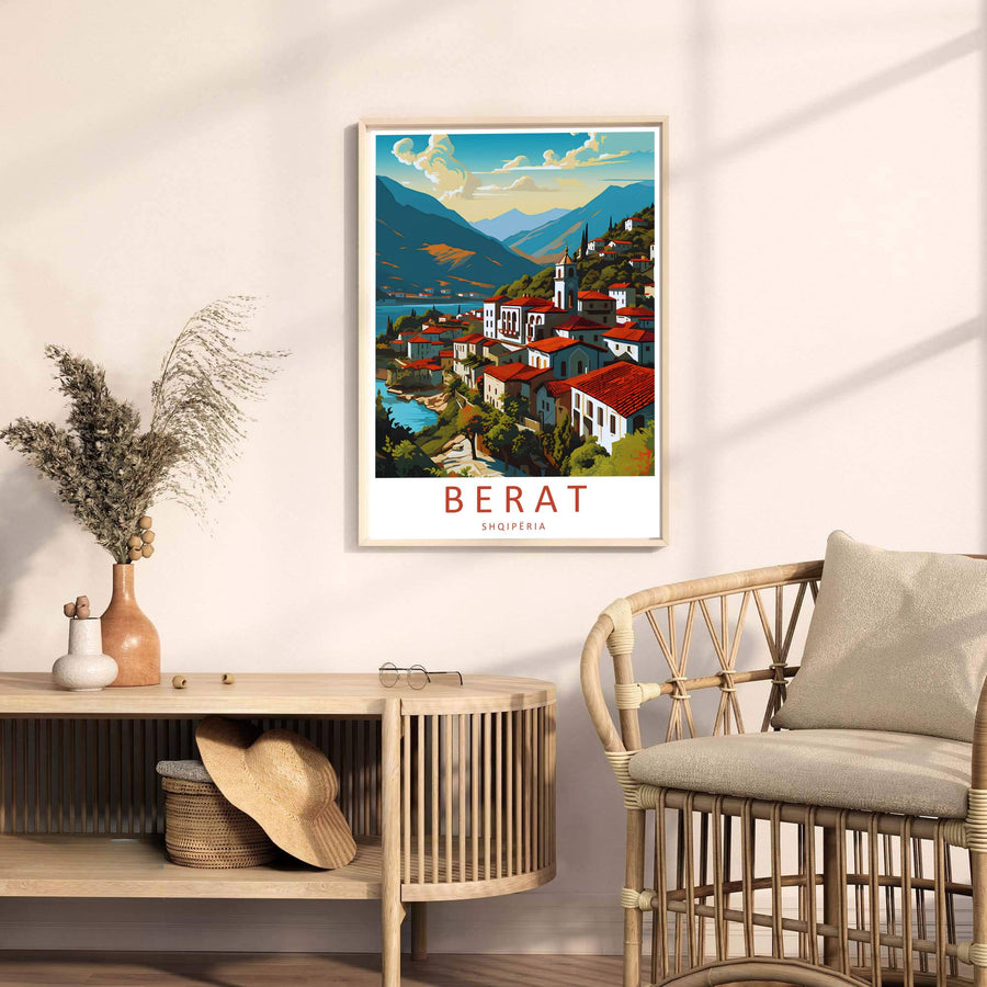 Artistic Berat travel poster of Albania with multi-windowed houses set along green hillsides, crafted to enhance modern interior wall decor displays. Offered by MapYourDreams, this artwork is available in flexible options including unframed paper, custom wooden frames, and gallery canvas wraps.