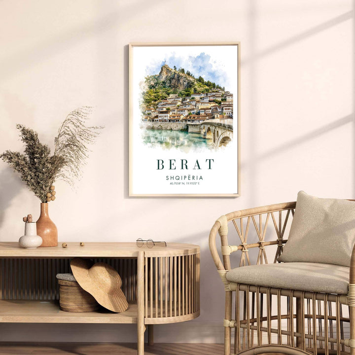 Artistic Berat travel poster of Albania with multi-windowed Ottoman houses along green hills, crafted to enhance fine art interior wall decor. Offered by MapYourDreams, this artwork is available in flexible options including unframed paper, custom wooden frames, and gallery canvas wraps.