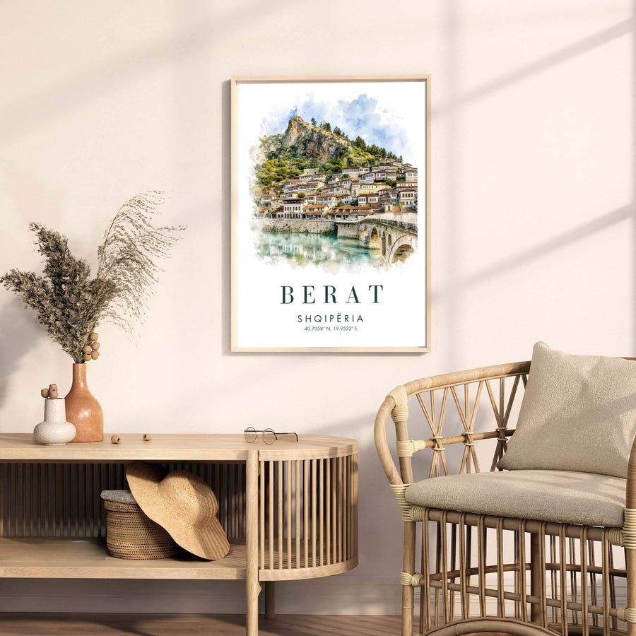 Artistic Berat travel poster of Albania with multi-windowed Ottoman houses along green hills, crafted to enhance fine art interior wall decor. Offered by MapYourDreams, this artwork is available in flexible options including unframed paper, custom wooden frames, and gallery canvas wraps.