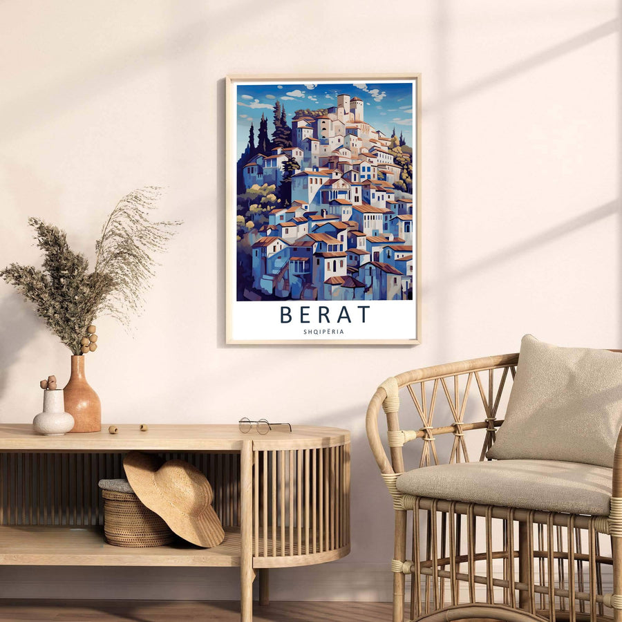 Vector-style Berat country poster rendered in rich blue and orange tones, capturing the unique beauty of Albania&
