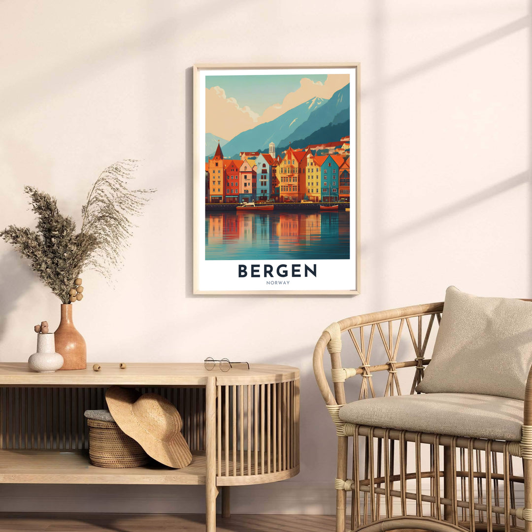 Scenic art illustration of Bergen Norway showing the famous Bryggen timber architecture along the reflections of the fjord waters. Enhance your interior styling with this travel artwork available across several physical formats such as unframed paper prints, protective framed designs, and gallery wrap canvas prints.
