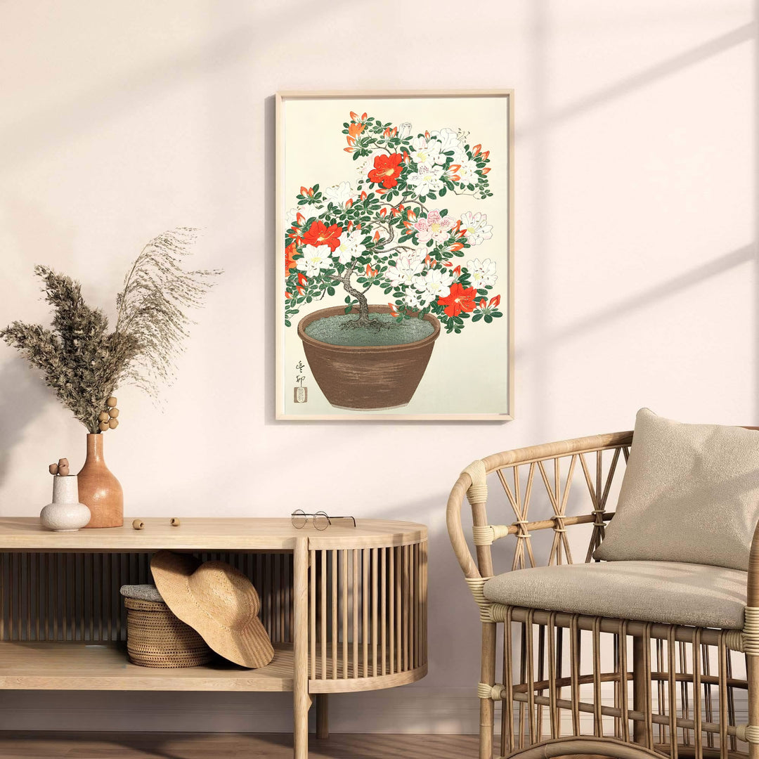 Traditional Japanese woodblock botanical print created between 1920 and 1930 displaying potted azalea branches from historic Kanazawa ateliers. MapYourDreams provides premium framed, unframed, and stretched canvas options.