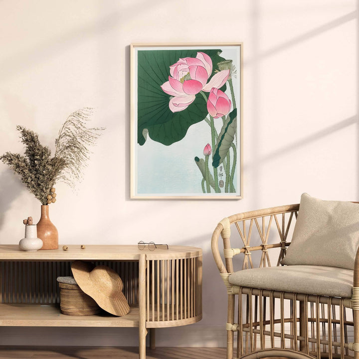 Traditional Japanese woodblock botanical print displaying lotus stems from historic Kanazawa ateliers. MapYourDreams provides premium framed, unframed, and canvas prints.