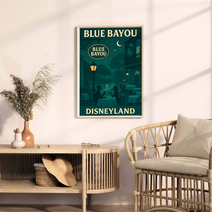 Graphic vector travel poster featuring romantic couples dining along the bayou at Disneyland&