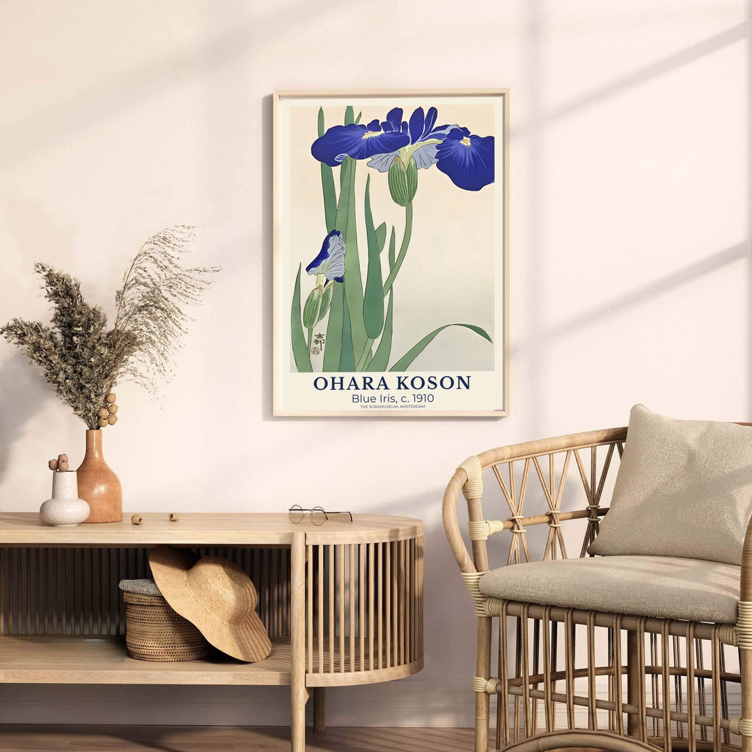 Traditional 1910 Japanese woodblock botanical print displaying blue iris stems from historic collections at The Rijksmuseum, Amsterdam. MapYourDreams provides premium framed, unframed, and canvas prints.