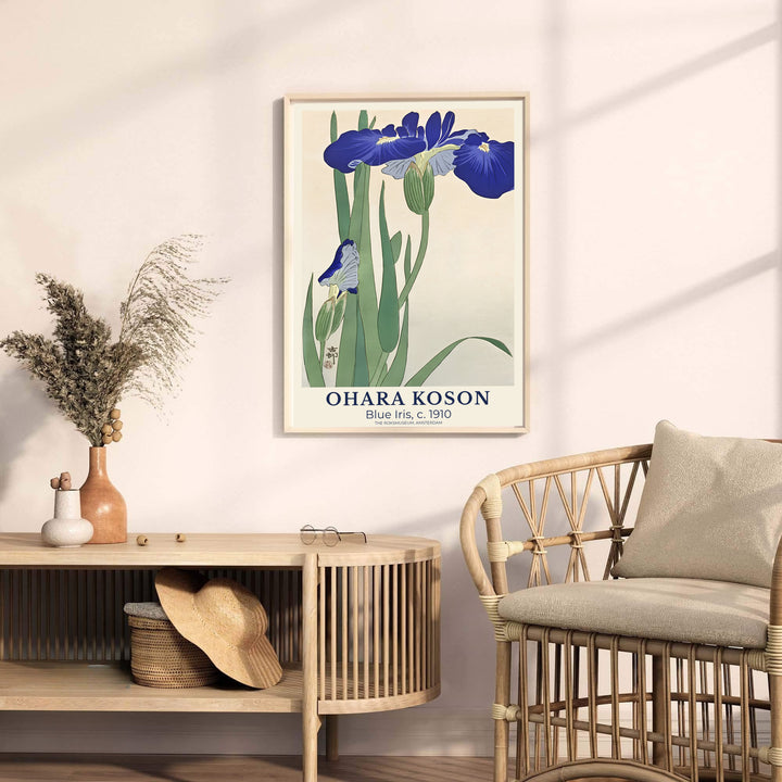 Traditional 1910 Japanese woodblock botanical print displaying blue iris stems from historic collections at The Rijksmuseum, Amsterdam. MapYourDreams provides premium framed, unframed, and canvas prints.