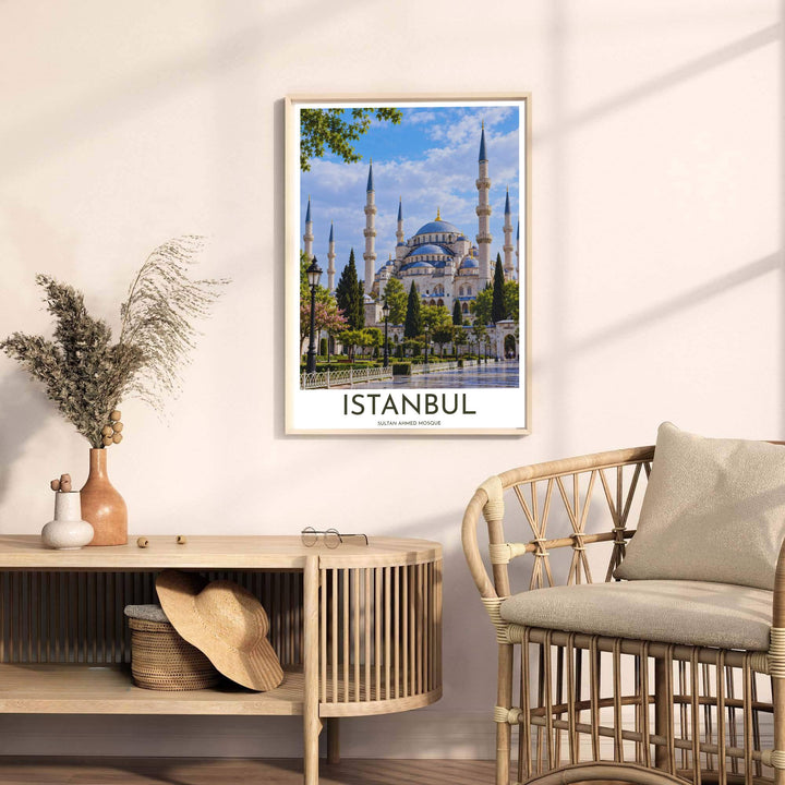 Scenic Istanbul Turkey travel poster displaying the Blue Mosque facade with park pathway and street lamp details. Offered by MapYourDreams, this artwork is available in flexible options including unframed paper, custom wooden frames, and gallery canvas wraps to enhance any wall space.
