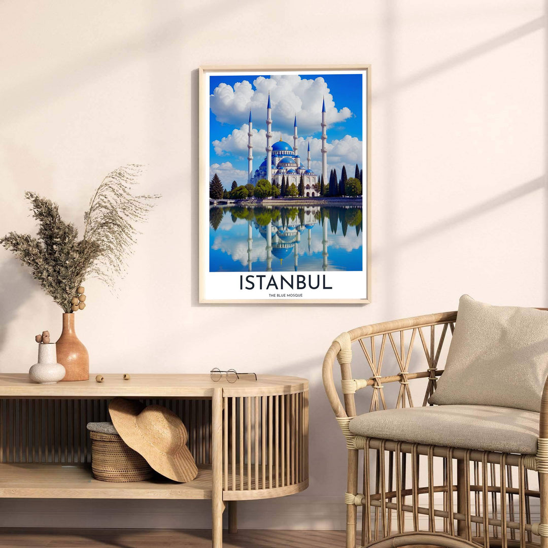 Fine art reflection poster of Sultan Ahmed Mosque in Istanbul Turkey with deep cerulean blue sky and cloud reflections. Released by MapYourDreams, this artwork is available in flexible options including unframed paper, custom wooden frames, and gallery canvas wraps for home wall art.