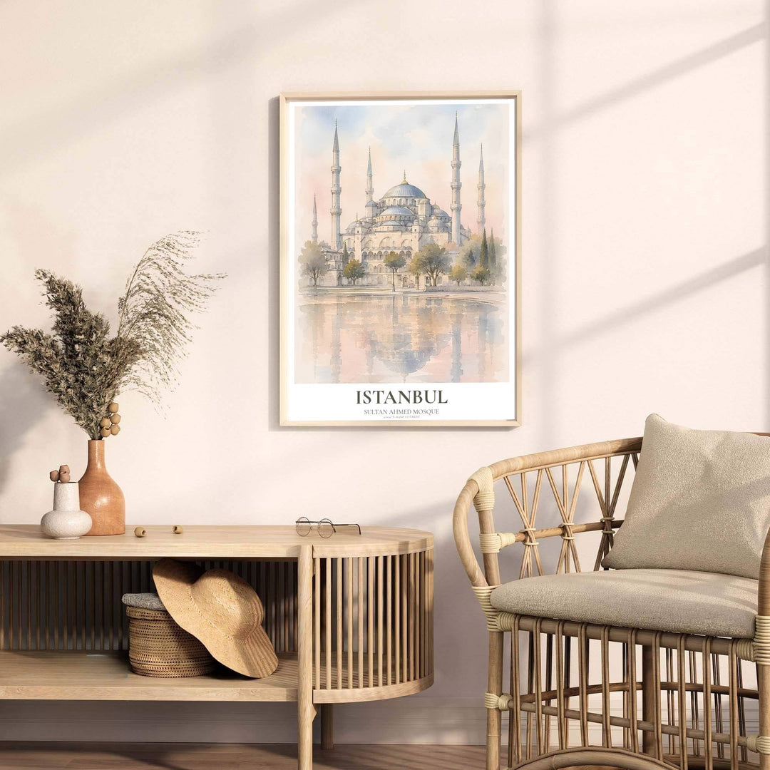 Fine art watercolor poster of Sultan Ahmed Mosque in Istanbul Turkey with soft lavender sky and water washes. Released by MapYourDreams, this artwork is available in flexible options including unframed paper, custom wooden frames, and gallery canvas wraps for home wall art.