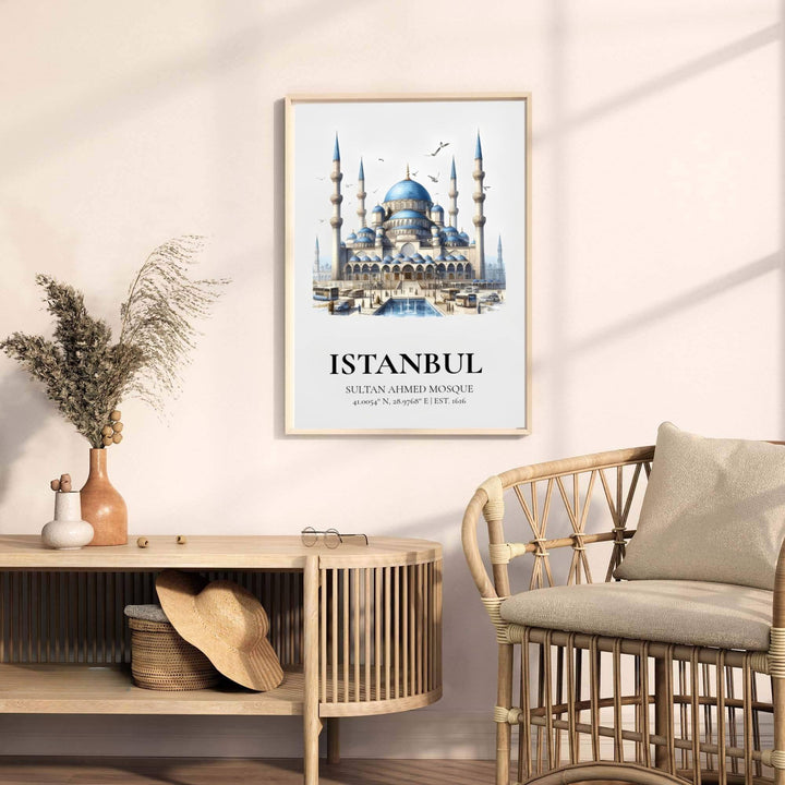 Fine art watercolor poster of Sultan Ahmed Mosque in Istanbul Turkey with latitude and longitude coordinate text. Released by MapYourDreams, this artwork is available in flexible options including unframed paper, custom wooden frames, and gallery canvas wraps for home wall art.
