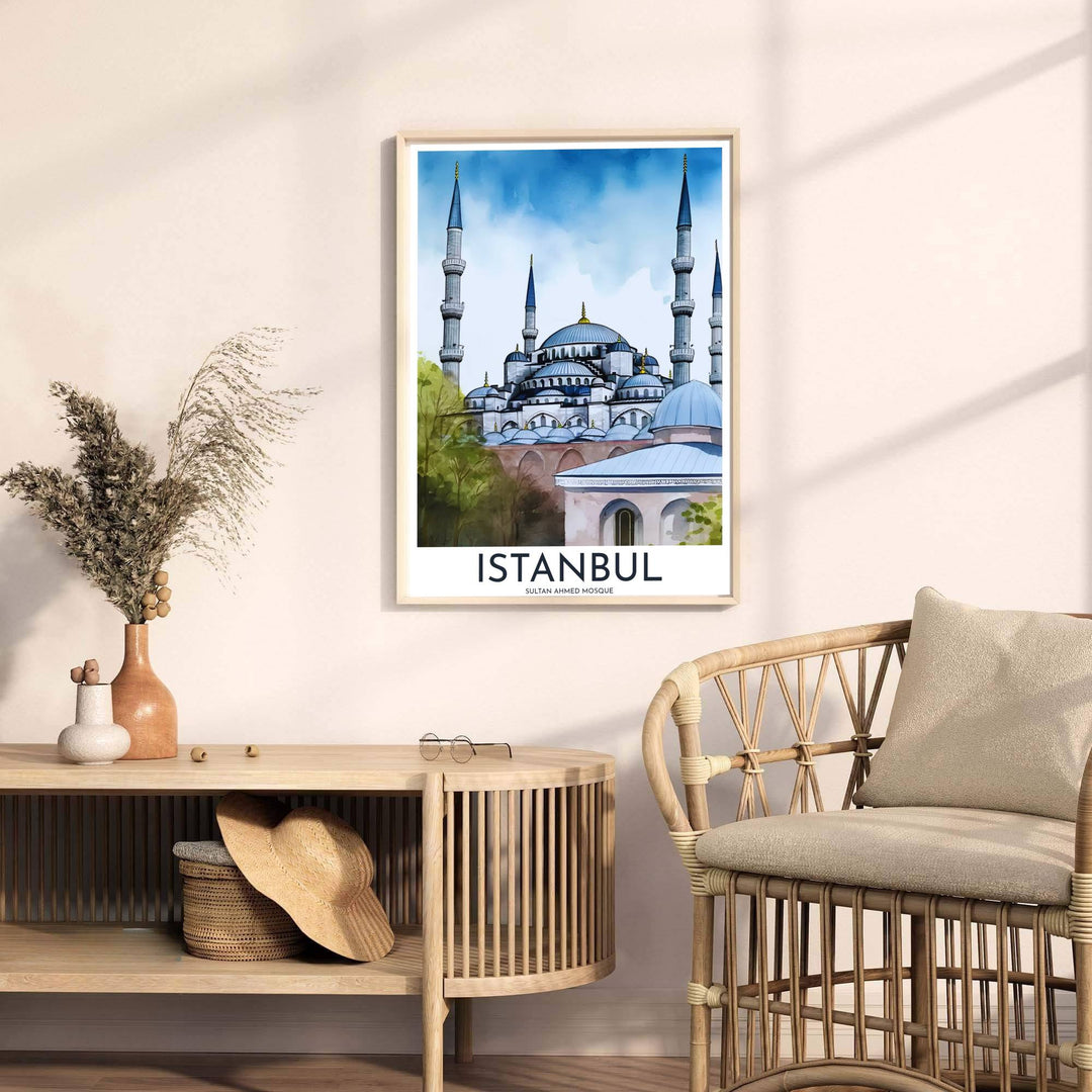 Scenic Istanbul Turkey poster displaying Blue Mosque watercolor artwork with sleek title text at the bottom. Offered by MapYourDreams, this artwork is available in flexible options including unframed paper, custom wooden frames, and gallery canvas wraps to enhance any wall space.