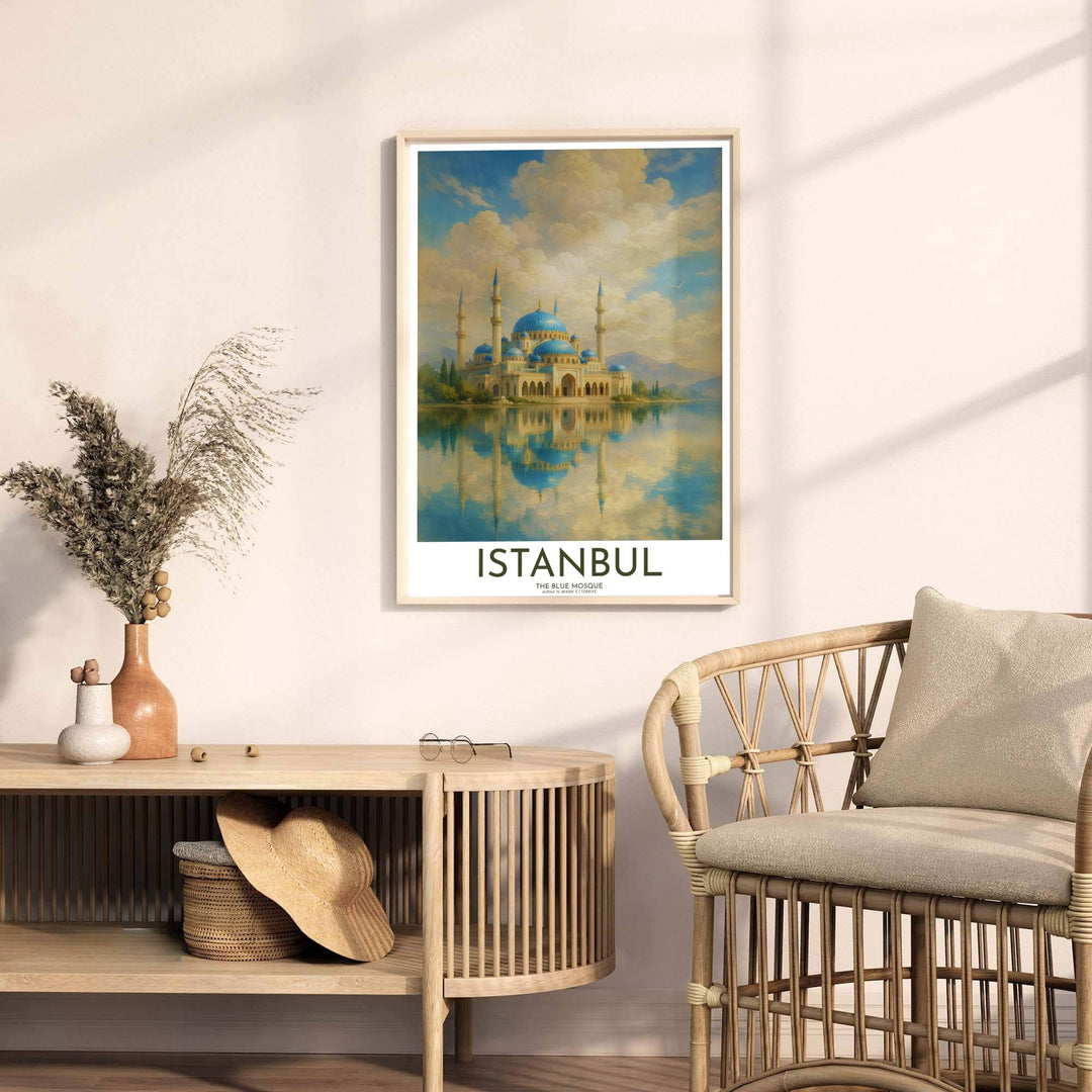 Fine art oil painting poster of Sultan Ahmed Mosque in Istanbul Turkey with warm golden sky and alpine lake reflections. Released by MapYourDreams, this artwork is available in flexible options including unframed paper, custom wooden frames, and gallery canvas wraps for home wall art.