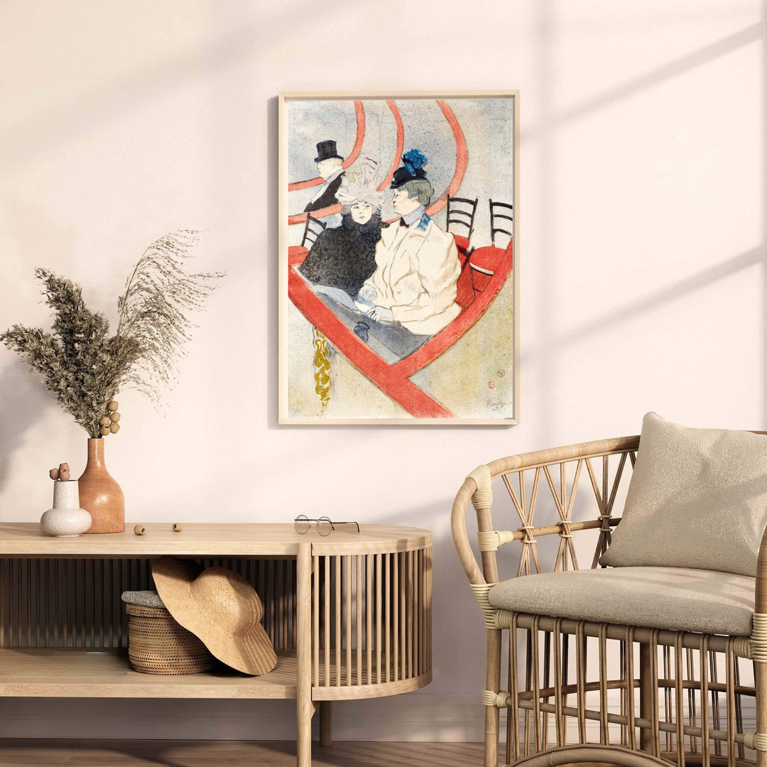 Fine art poster print of Box In The Grand Tier (1897), Henri de Toulouse-Lautrec rendered in coral red and neutral pastel tones in Paris, France. MapYourDreams provides premium framed prints, unframed paper wall decor, and stretched canvas prints for home and office environments.