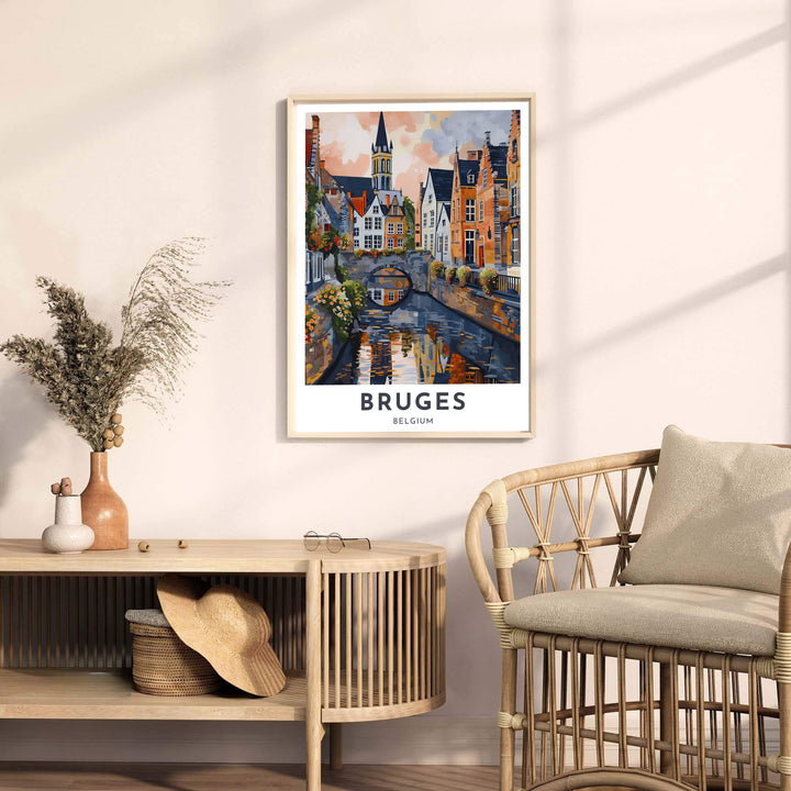 Detailed painted map wall art depicting a scenic waterway view in Bruges, Belgium, complete with vintage typography at the bottom. Offered by MapYourDreams, this artwork is available in flexible options including unframed paper, custom wooden frames, and gallery canvas wraps.