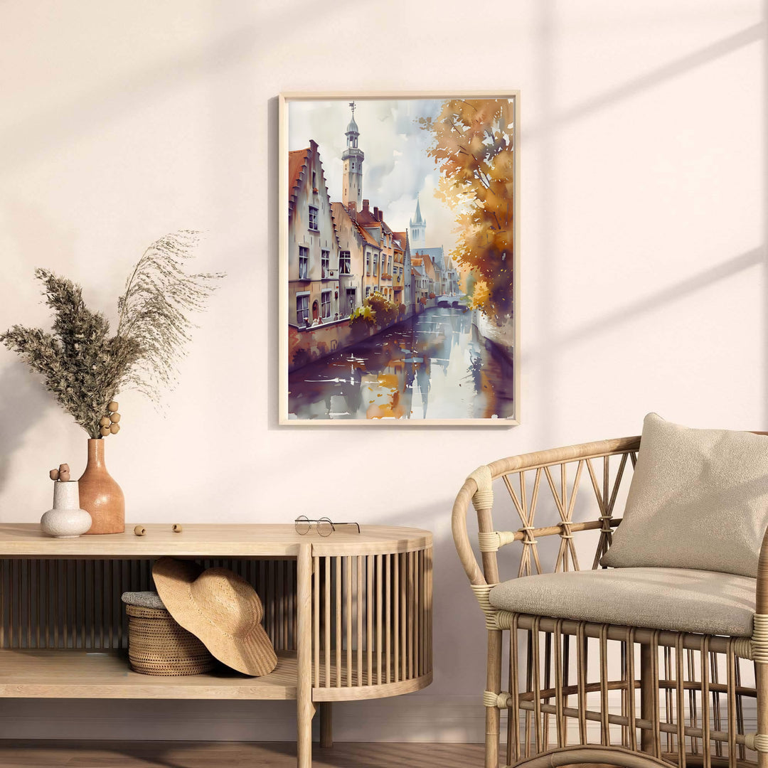 Detailed watercolor architectural wall art presenting a scenic view down a canal in Bruges, Belgium, with tall church spires reaching into hazy autumn skies. Offered by MapYourDreams, this artwork is available in flexible options including unframed paper, custom wooden frames, and gallery canvas wraps.
