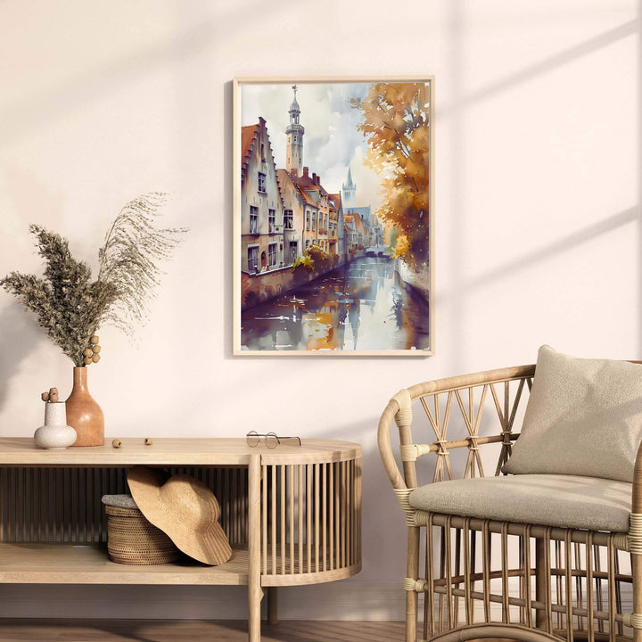 Detailed watercolor architectural wall art presenting a scenic view down a canal in Bruges, Belgium, with tall church spires reaching into hazy autumn skies. Offered by MapYourDreams, this artwork is available in flexible options including unframed paper, custom wooden frames, and gallery canvas wraps.
