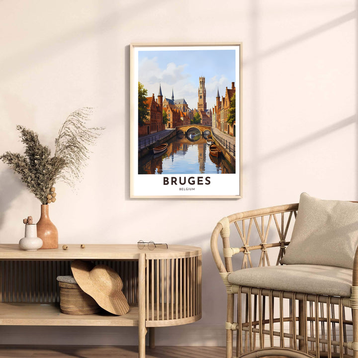 Detailed modern architectural wall art presenting a view down the main canal toward the medieval Belfry Tower in Bruges, Belgium. Offered by MapYourDreams, this artwork is available in flexible options including unframed paper, custom wooden frames, and gallery canvas wraps.