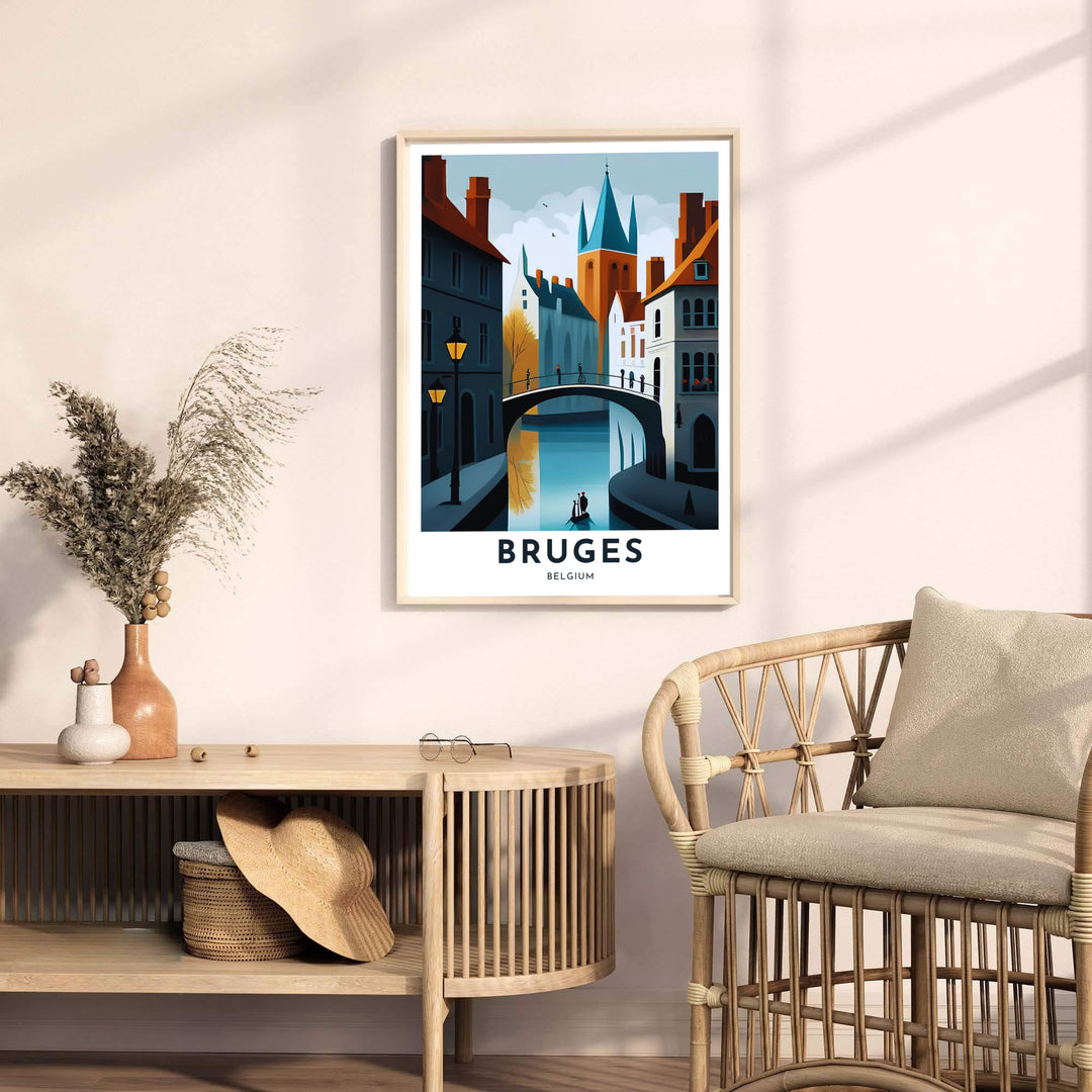 A Bruges Belgium canal print showcasing a stone bridge silhouette, streetlamps, and gabled townhouses rendered in clean graphic vector style. Available from MapYourDreams in multiple presentation formats including unframed archival paper, handcrafted frames, and gallery wrapped canvas styles.