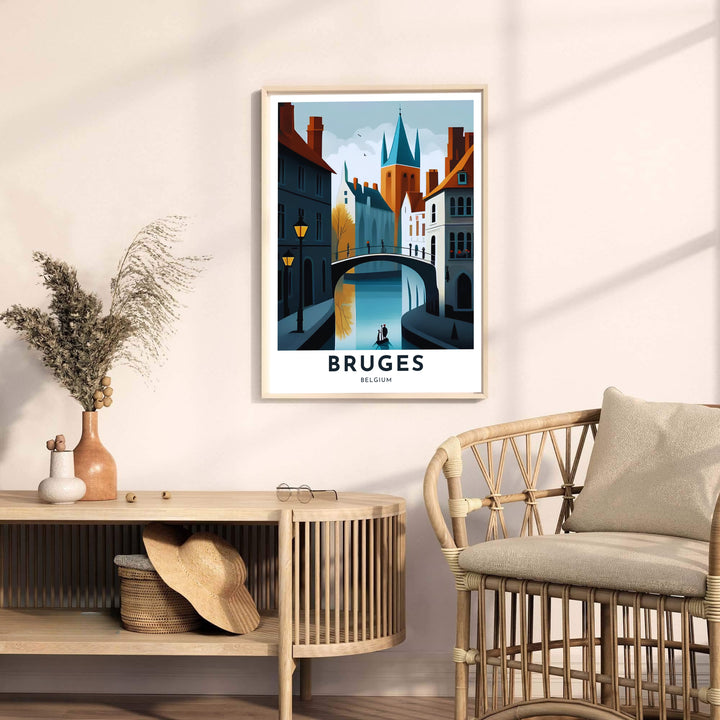 A Bruges Belgium canal print showcasing a stone bridge silhouette, streetlamps, and gabled townhouses rendered in clean graphic vector style. Available from MapYourDreams in multiple presentation formats including unframed archival paper, handcrafted frames, and gallery wrapped canvas styles.