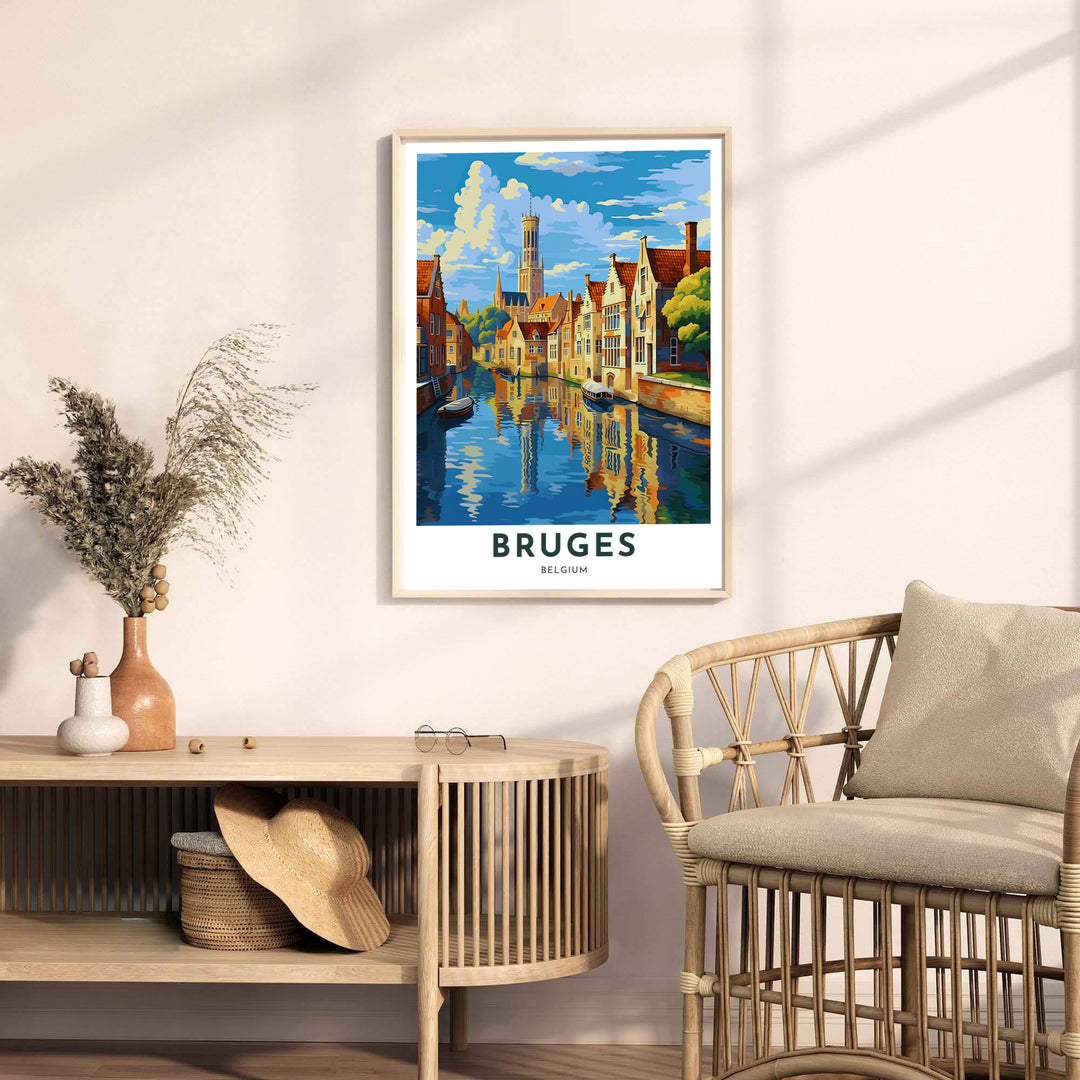 Detailed modern architectural wall art presenting a canal view toward the medieval Belfry Tower in Bruges, Belgium, with dynamic graphic brushwork. Offered by MapYourDreams, this artwork is available in flexible options including unframed paper, custom wooden frames, and gallery canvas wraps.