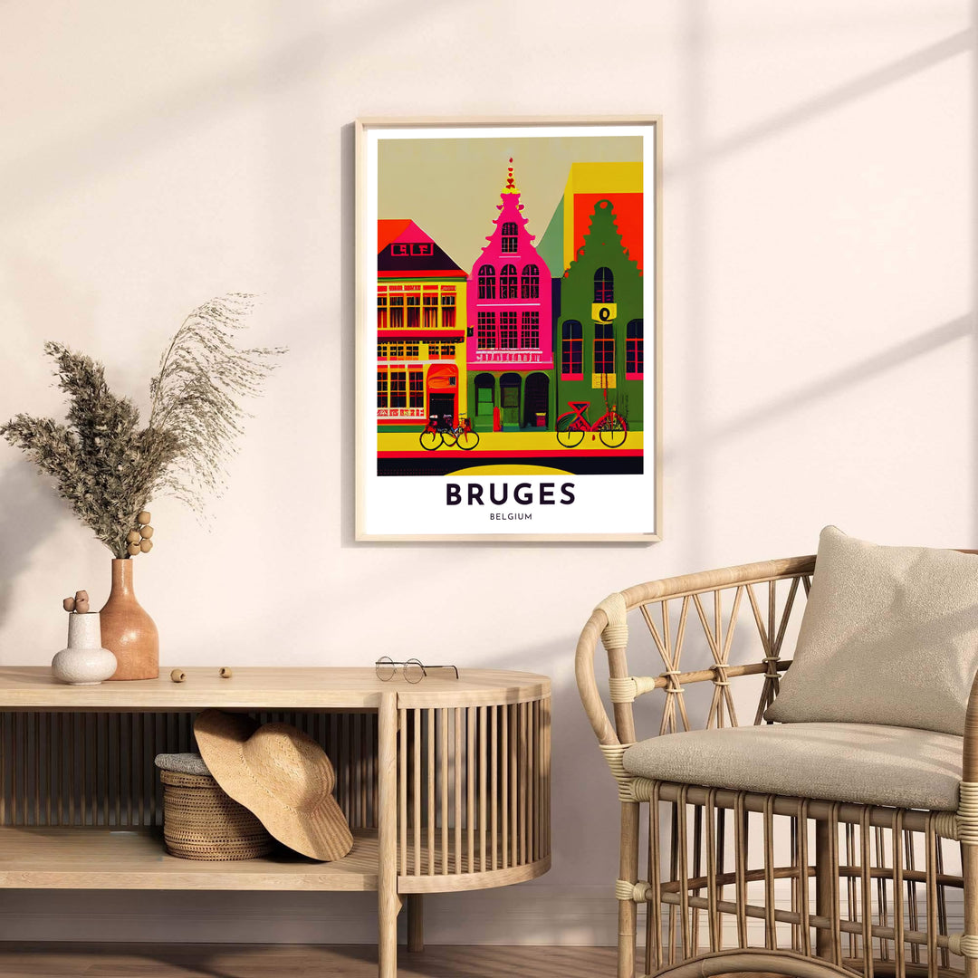 Detailed modern pop art wall decor presenting historic step-gabled buildings in Bruges, Belgium, with electric color contrasts and clean graphic lines. Offered by MapYourDreams, this artwork is available in flexible options including unframed paper, custom wooden frames, and gallery canvas wraps.