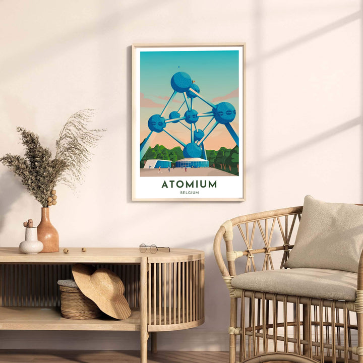 Striking architectural wall art detailing the futuristic steel spheres of the Atomium in Brussels, Belgium, in vibrant blue-green color blocking. Offered by MapYourDreams, this artwork is available in flexible options including unframed paper, custom wooden frames, and gallery canvas wraps.