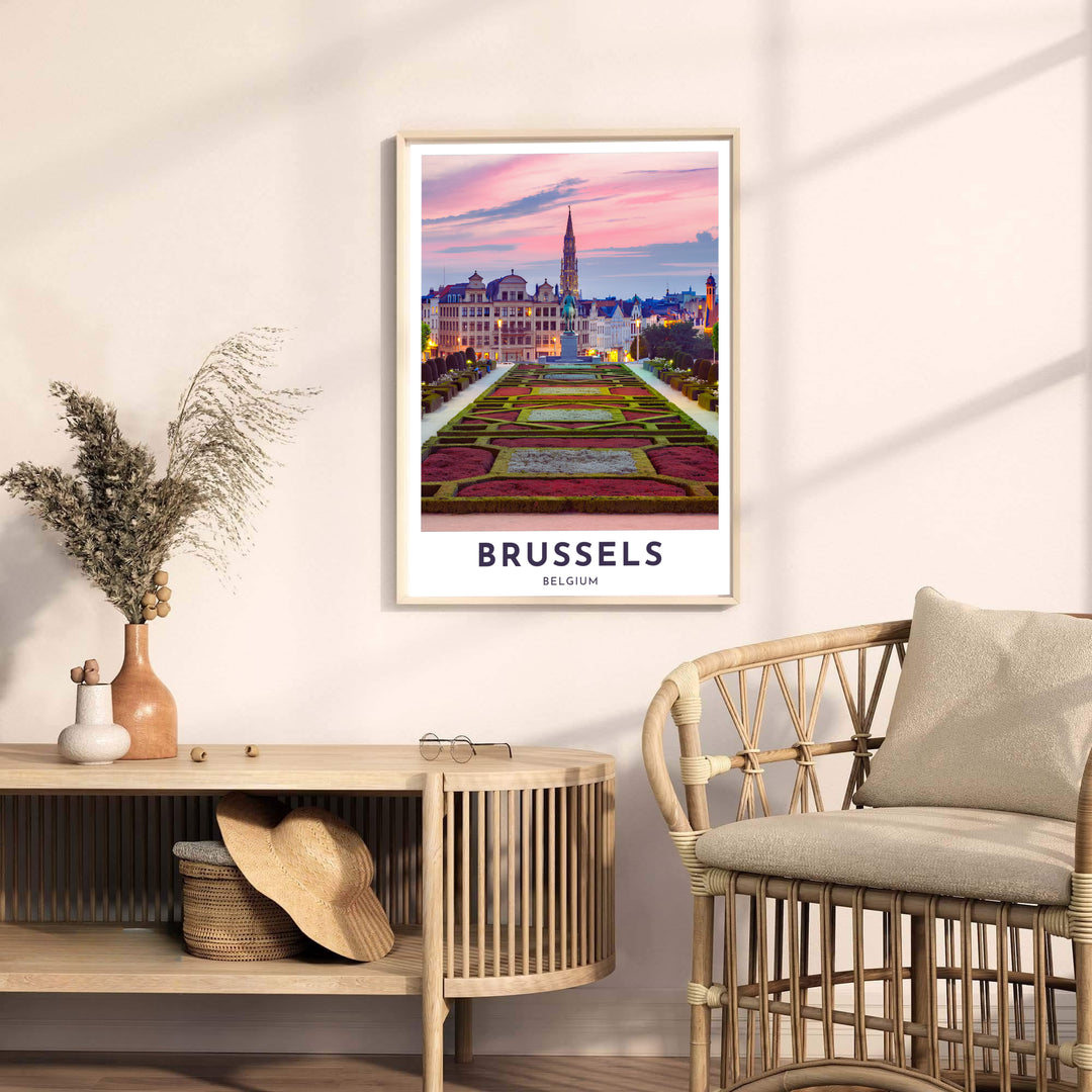 Colorful European landscape print displaying the geometric garden trails of Mont des Arts in Brussels, Belgium, under a radiant purple and orange twilight. Offered by MapYourDreams, this artwork is available in flexible options including unframed paper, custom wooden frames, and gallery canvas wraps.