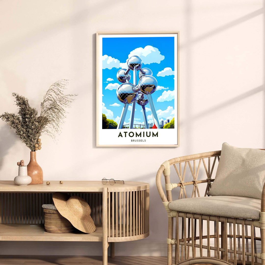 Vibrant European cityscape artwork displaying the towering Atomium in Brussels, Belgium, with soft cloud silhouettes and park landscape. Offered by MapYourDreams, this artwork is available in flexible options including unframed paper, custom wooden frames, and gallery canvas wraps.