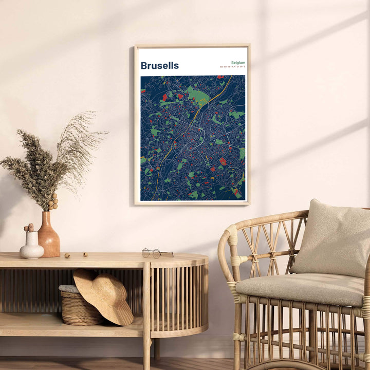 Crisp geometric street map print highlighting the avenues, rivers, and parks of Brussels, Belgium, against a dark background. Offered by MapYourDreams, this artwork is available in flexible options including unframed paper, custom wooden frames, and gallery canvas wraps.