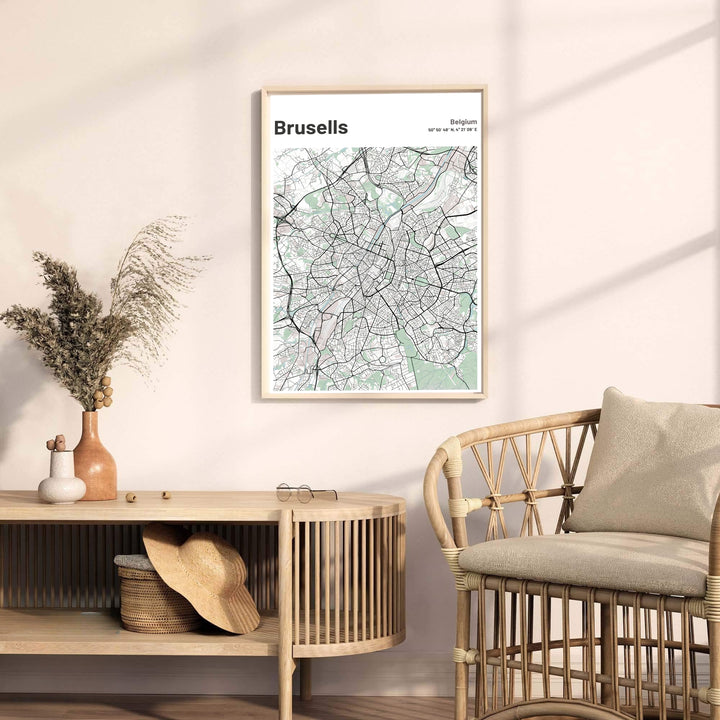 Bright cartography wall art capturing the precise urban map layout of Brussels, Belgium, on high-quality archival paper. Available from MapYourDreams in multiple presentation formats including unframed archival paper, handcrafted frames, and gallery wrapped canvas styles.