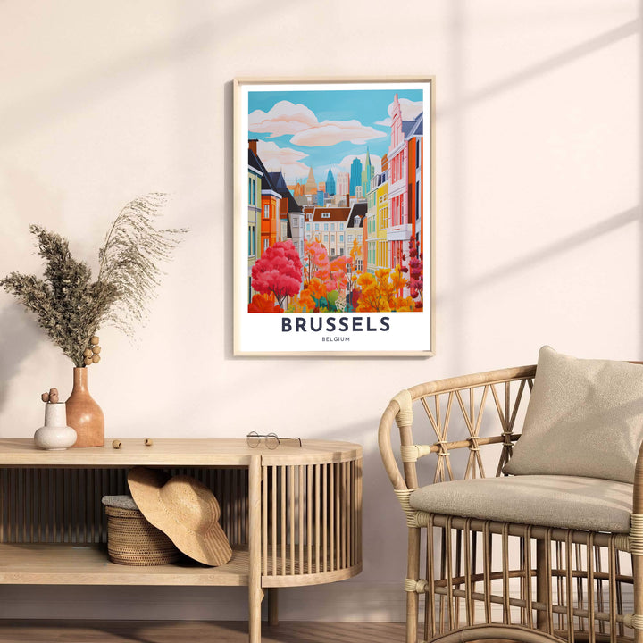 Illustrative city poster capturing the warm atmosphere and colorful buildings of Brussels, Belgium, under a cloud-filled sky. Offered by MapYourDreams, this artwork is available in flexible options including unframed paper, custom wooden frames, and gallery canvas wraps.
