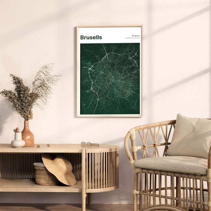 Crisp geometric street map print highlighting the arterial roadways and avenues of Brussels, Belgium, against an emerald green backdrop. Offered by MapYourDreams, this artwork is available in flexible options including unframed paper, custom wooden frames, and gallery canvas wraps.