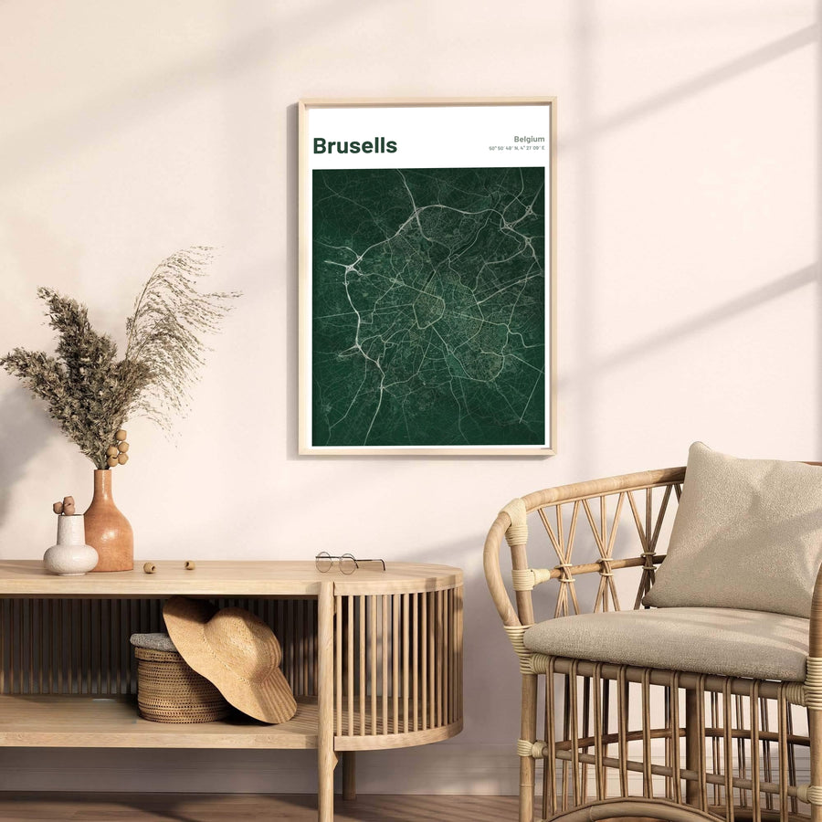 Crisp geometric street map print highlighting the arterial roadways and avenues of Brussels, Belgium, against an emerald green backdrop. Offered by MapYourDreams, this artwork is available in flexible options including unframed paper, custom wooden frames, and gallery canvas wraps.