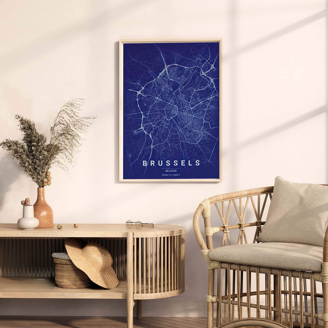 Crisp geometric street map print highlighting the arterial roadways and avenues of Brussels, Belgium, against a navy blue backdrop. Offered by MapYourDreams, this artwork is available in flexible options including unframed paper, custom wooden frames, and gallery canvas wraps.