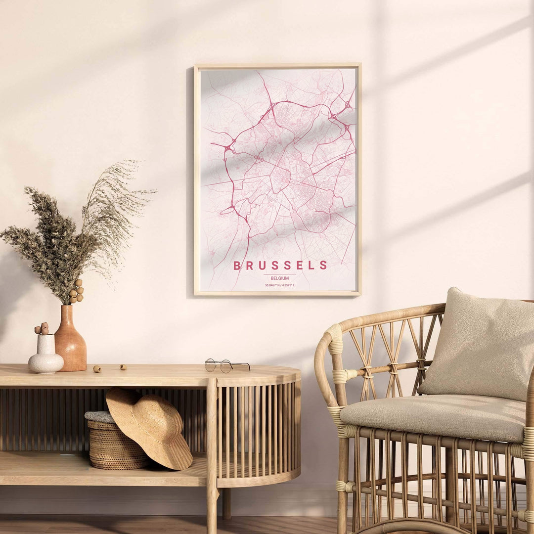 Soft rose cartography wall art capturing the precise urban map layout of Brussels, Belgium, printed on high-quality archival paper. Available from MapYourDreams in multiple presentation formats including unframed archival paper, handcrafted frames, and gallery wrapped canvas styles.
