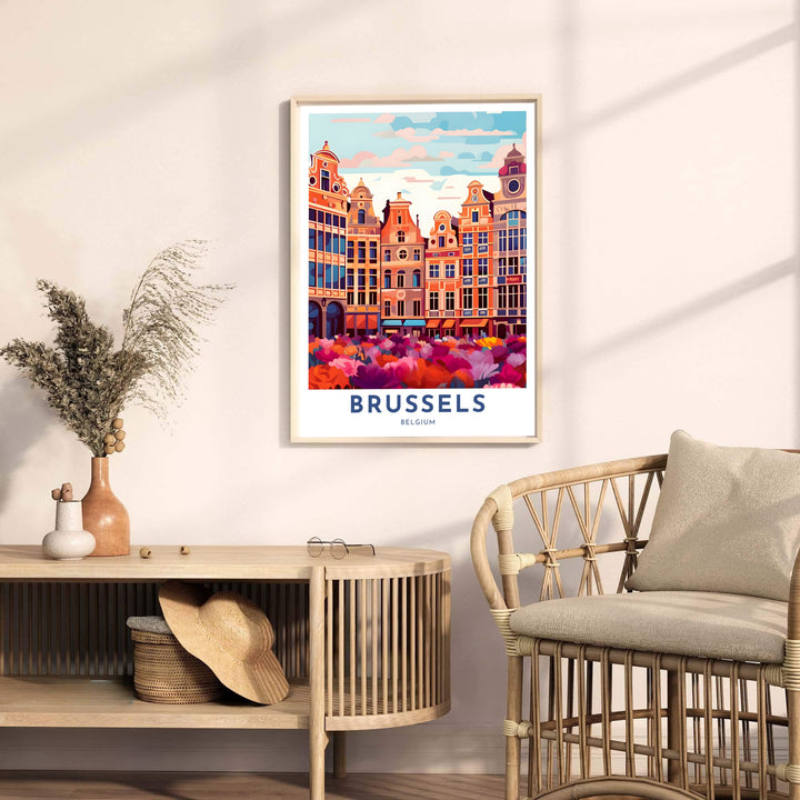 Vibrant architectural cartography print showing the Grote Markt guild house facades of Brussels Grand Place in Belgium in vector pop art. Available from MapYourDreams in multiple presentation formats including unframed archival paper, handcrafted frames, and gallery wrapped canvas styles.