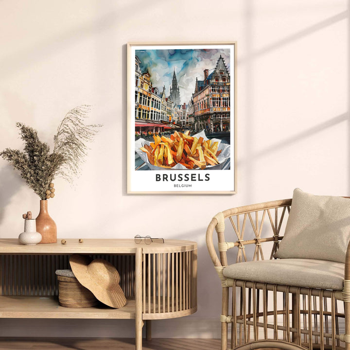 Detailed food travel poster presenting golden fries in paper wrapping before the historic gables of Brussels Grand Place in Belgium. Offered by MapYourDreams, this artwork is available in flexible options including unframed paper, custom wooden frames, and gallery canvas wraps.