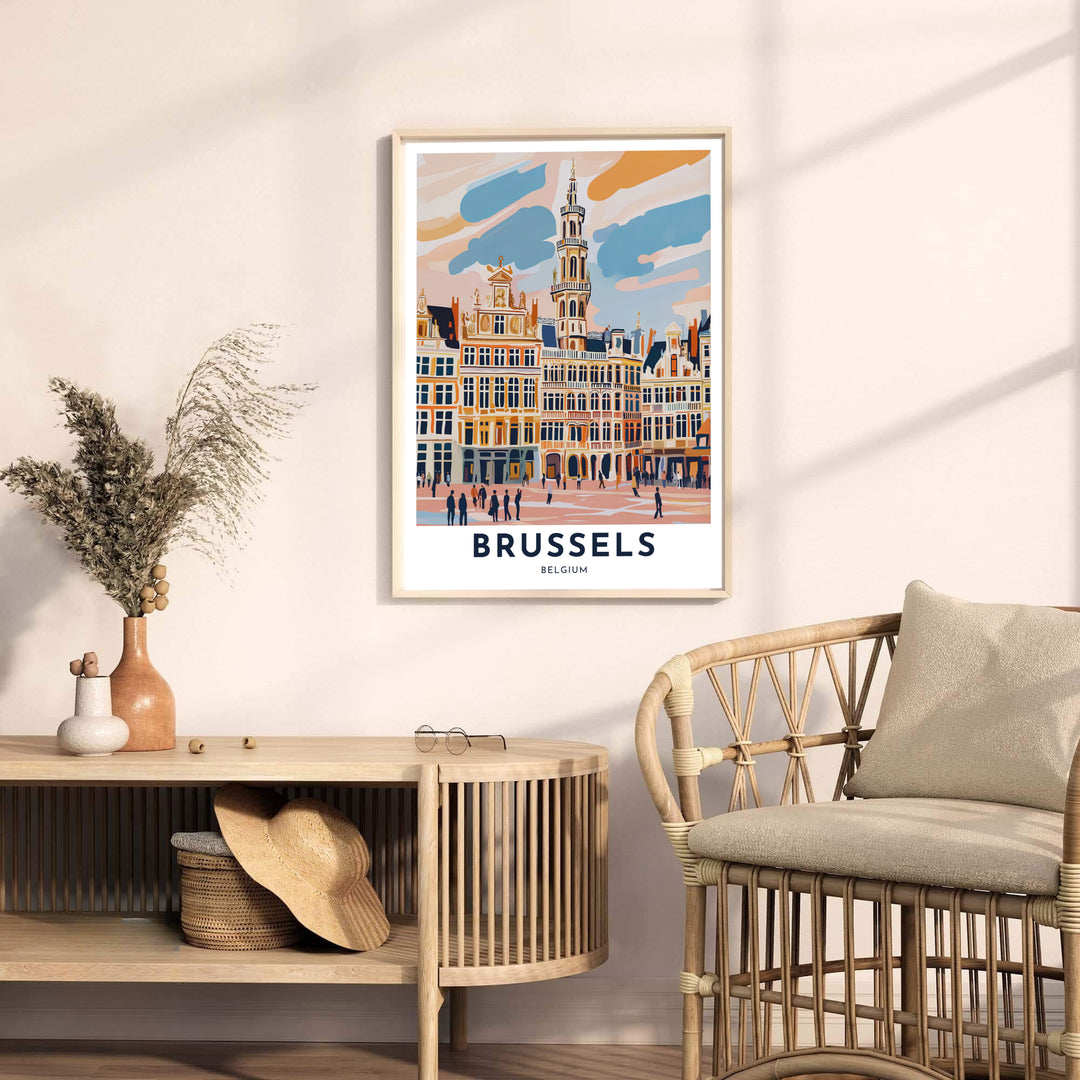 Crisp graphic art poster highlighting the gables and windows of the historic guild houses in Brussels Grand Place in Belgium. Offered by MapYourDreams, this artwork is available in flexible options including unframed paper, custom wooden frames, and gallery canvas wraps.