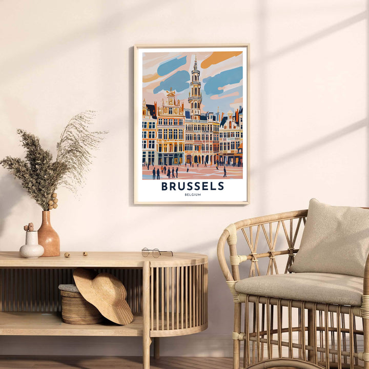 Crisp graphic art poster highlighting the gables and windows of the historic guild houses in Brussels Grand Place in Belgium. Offered by MapYourDreams, this artwork is available in flexible options including unframed paper, custom wooden frames, and gallery canvas wraps.