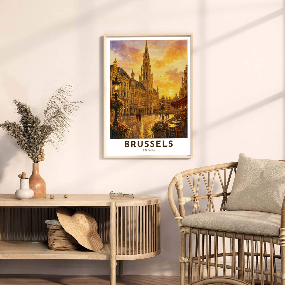 Fine art cityscape poster highlighting the detailed stone facades and romantic evening mood of Brussels Grand Place in Belgium. Offered by MapYourDreams, this artwork is available in flexible options including unframed paper, custom wooden frames, and gallery canvas wraps.