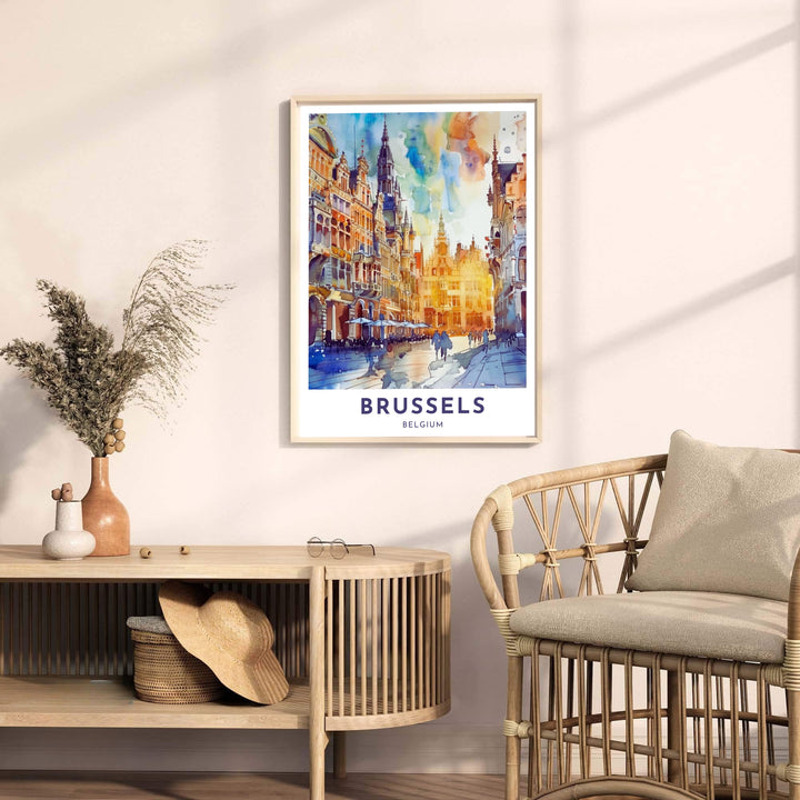 Fine art cityscape poster presenting a colorful visual story of the historic square of Brussels Grand Place in Belgium. Offered by MapYourDreams, this artwork is available in flexible options including unframed paper, custom wooden frames, and gallery canvas wraps.