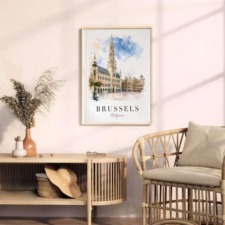 Fine art cityscape poster presenting a clean and airy watercolor illustration of Brussels Grand Place in Belgium. Offered by MapYourDreams, this artwork is available in flexible options including unframed paper, custom wooden frames, and gallery canvas wraps.
