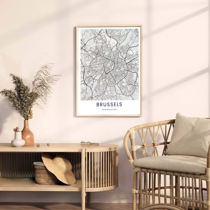 Fine art cityscape map poster presenting a clean and modern view of the streets of Brussels in Belgium. Offered by MapYourDreams, this artwork is available in flexible options including unframed paper, custom wooden frames, and gallery canvas wraps.
