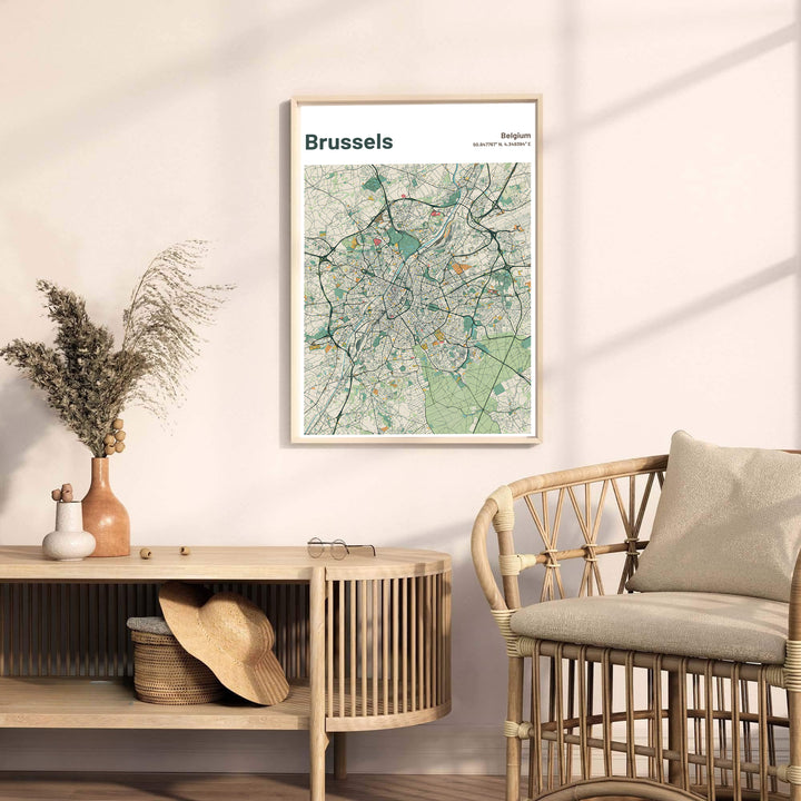 Fine art map poster presenting a clean geographic view of the streets and parks of Brussels in Belgium. Offered by MapYourDreams, this artwork is available in flexible options including unframed paper, custom wooden frames, and gallery canvas wraps.