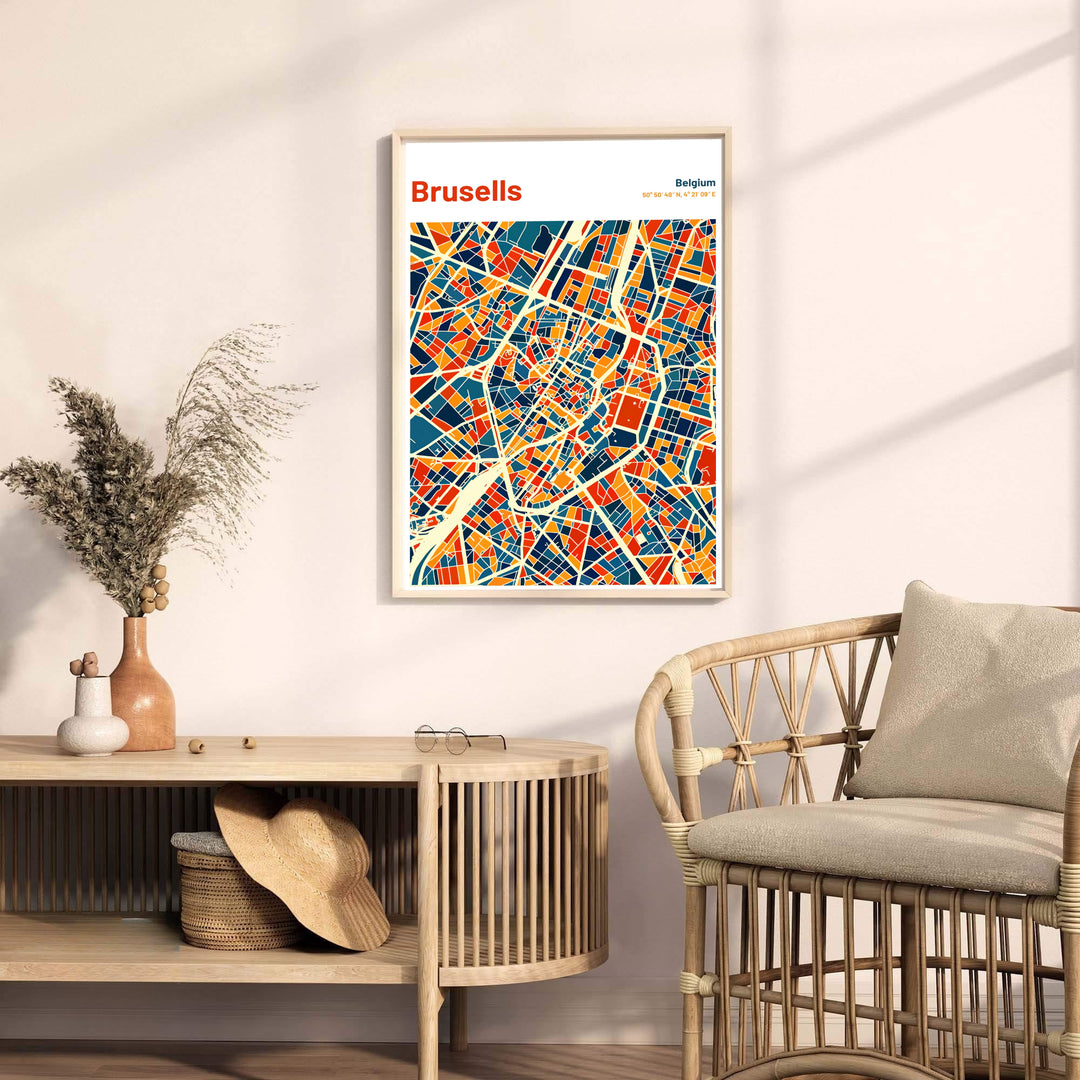 Fine art cityscape map poster presenting a bold and modern view of the streets and blocks of Brussels in Belgium. Offered by MapYourDreams, this artwork is available in flexible options including unframed paper, custom wooden frames, and gallery canvas wraps.