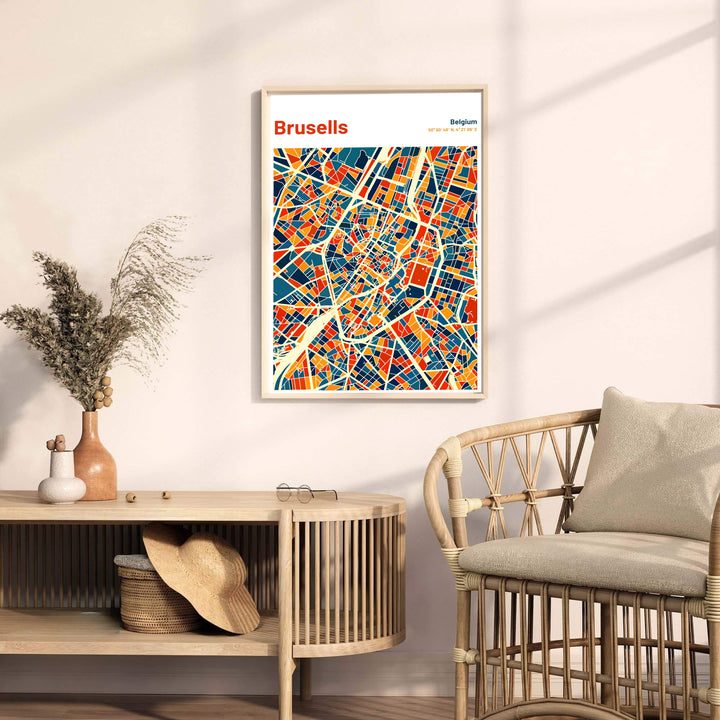 Fine art cityscape map poster presenting a bold and modern view of the streets and blocks of Brussels in Belgium. Offered by MapYourDreams, this artwork is available in flexible options including unframed paper, custom wooden frames, and gallery canvas wraps.