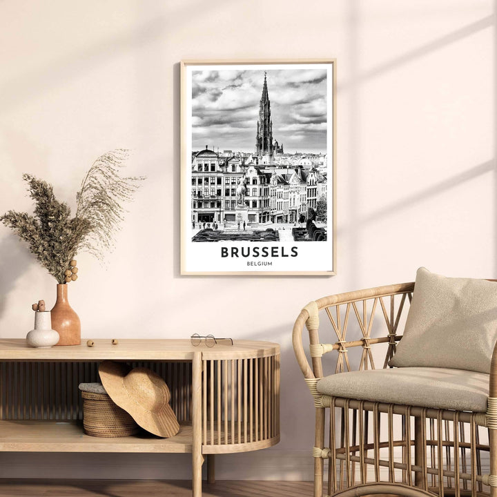 Fine art photography poster presenting a crisp black and white panoramic view of Mont des Arts in Brussels, Belgium. Offered by MapYourDreams, this artwork is available in flexible options including unframed paper, custom wooden frames, and gallery canvas wraps.