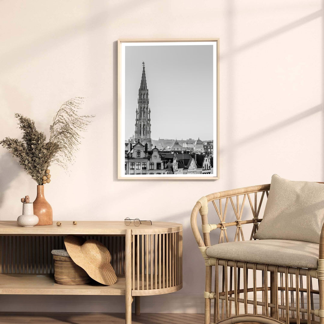 Fine art European photography print presenting a serene black and white view of the Town Hall tower in Brussels, Belgium. Offered by MapYourDreams, this artwork is available in flexible options including unframed paper, custom wooden frames, and gallery canvas wraps.
