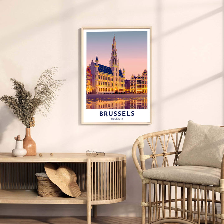 Fine art cityscape poster capturing the warm evening lights and dramatic Gothic architecture of Brussels, Belgium. Offered by MapYourDreams, this artwork is available in flexible options including unframed paper, custom wooden frames, and gallery canvas wraps.