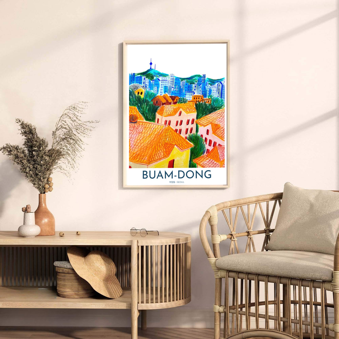 Artistic home decor poster showcasing Buam-dong in Seoul, South Korea, with rich orange clay roofs, green hillsides, and blue urban skyline leading to N Seoul Tower. Offered by MapYourDreams, this artwork is available in flexible options including unframed paper, custom wooden frames, and gallery canvas wraps.